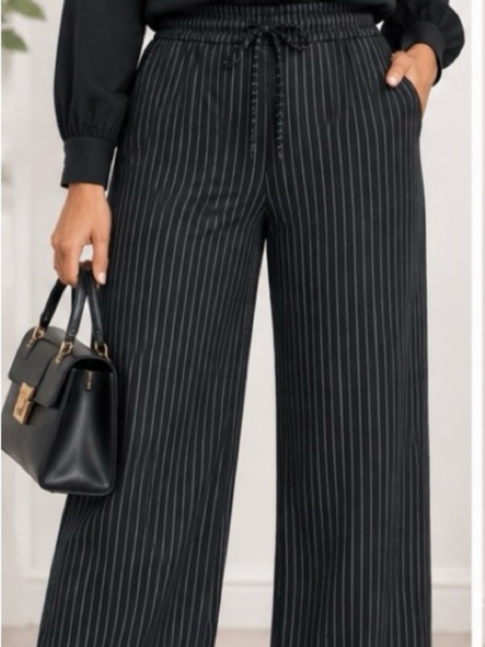 Banana Republic Black Pinstripe Wide-Leg Drawstring Pants
